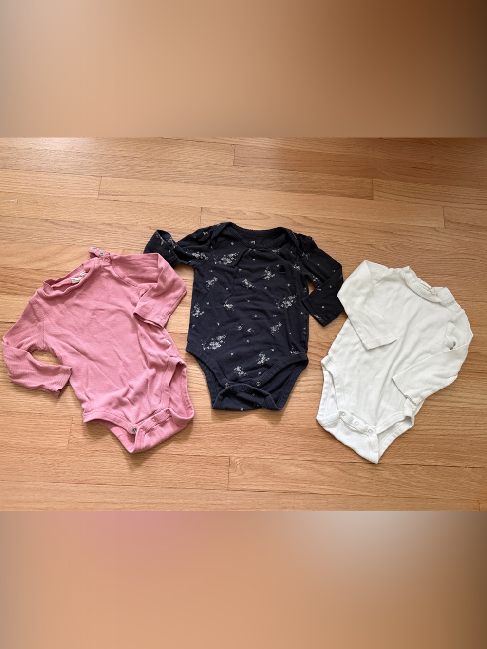 GAP 12-18 M Ribbed Pink, Black Floral & White Girl Bodysuit Set (3 pcs)